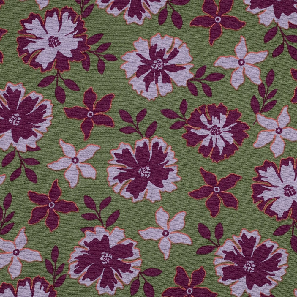 Linnen viscose grote bloemen groen