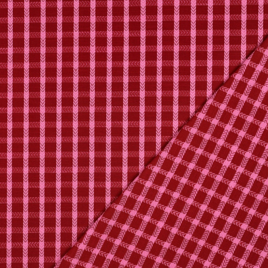 Yarn dyed katoen dobby ruiten rood/roze