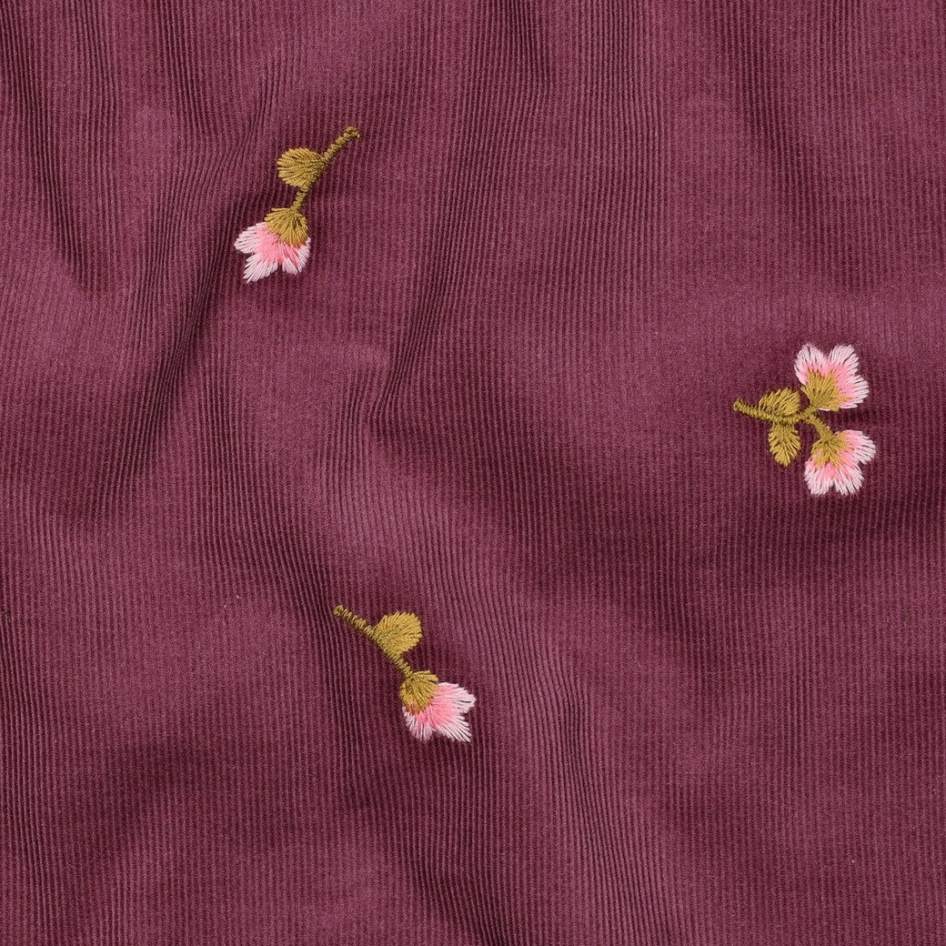 Babycord geborduurde bloemen donkerroze