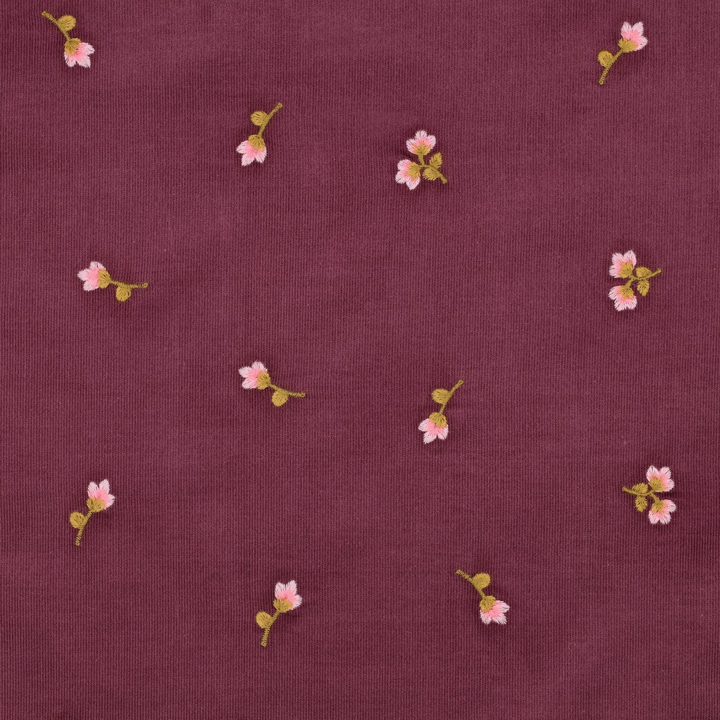 Babycord geborduurde bloemen donkerroze