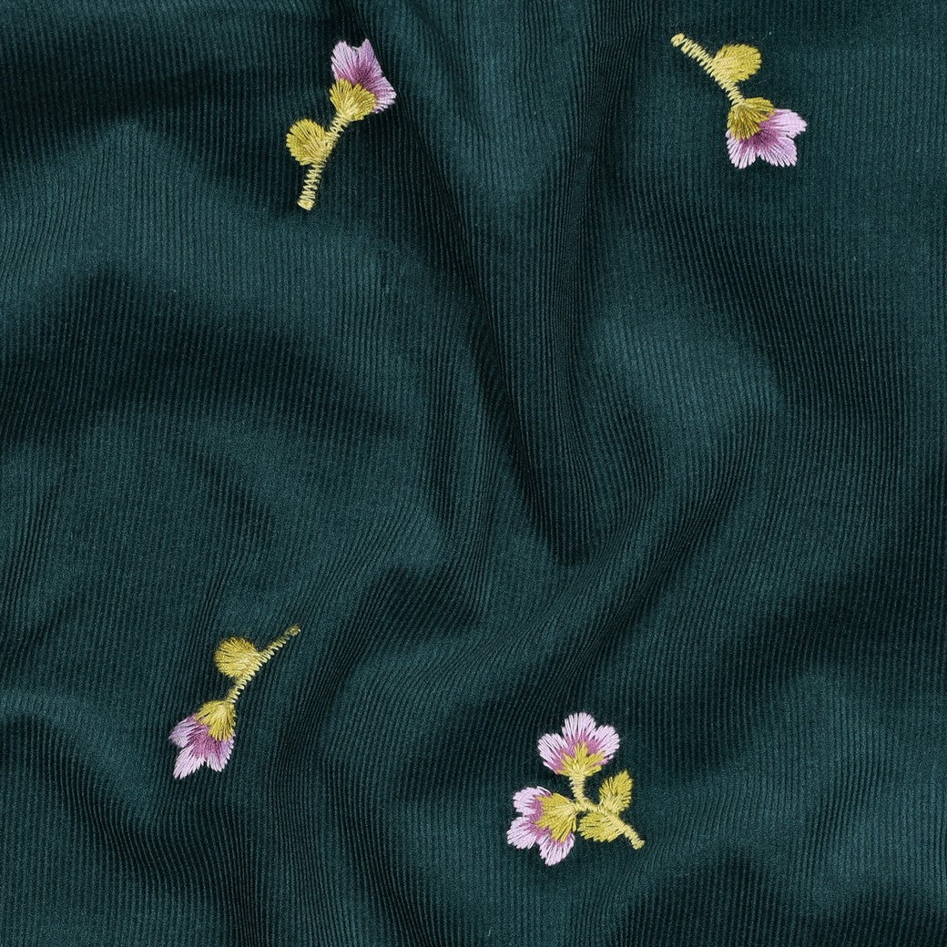 Babycord geborduurde bloemen donkergroen