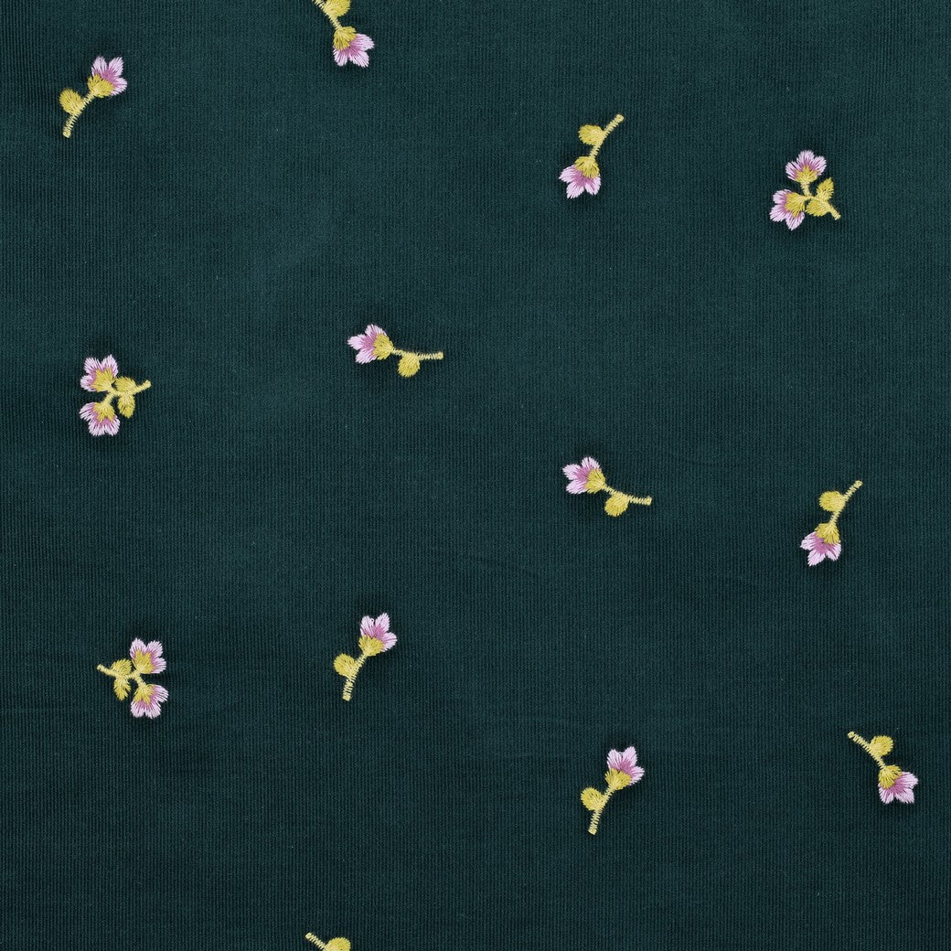 Babycord geborduurde bloemen donkergroen