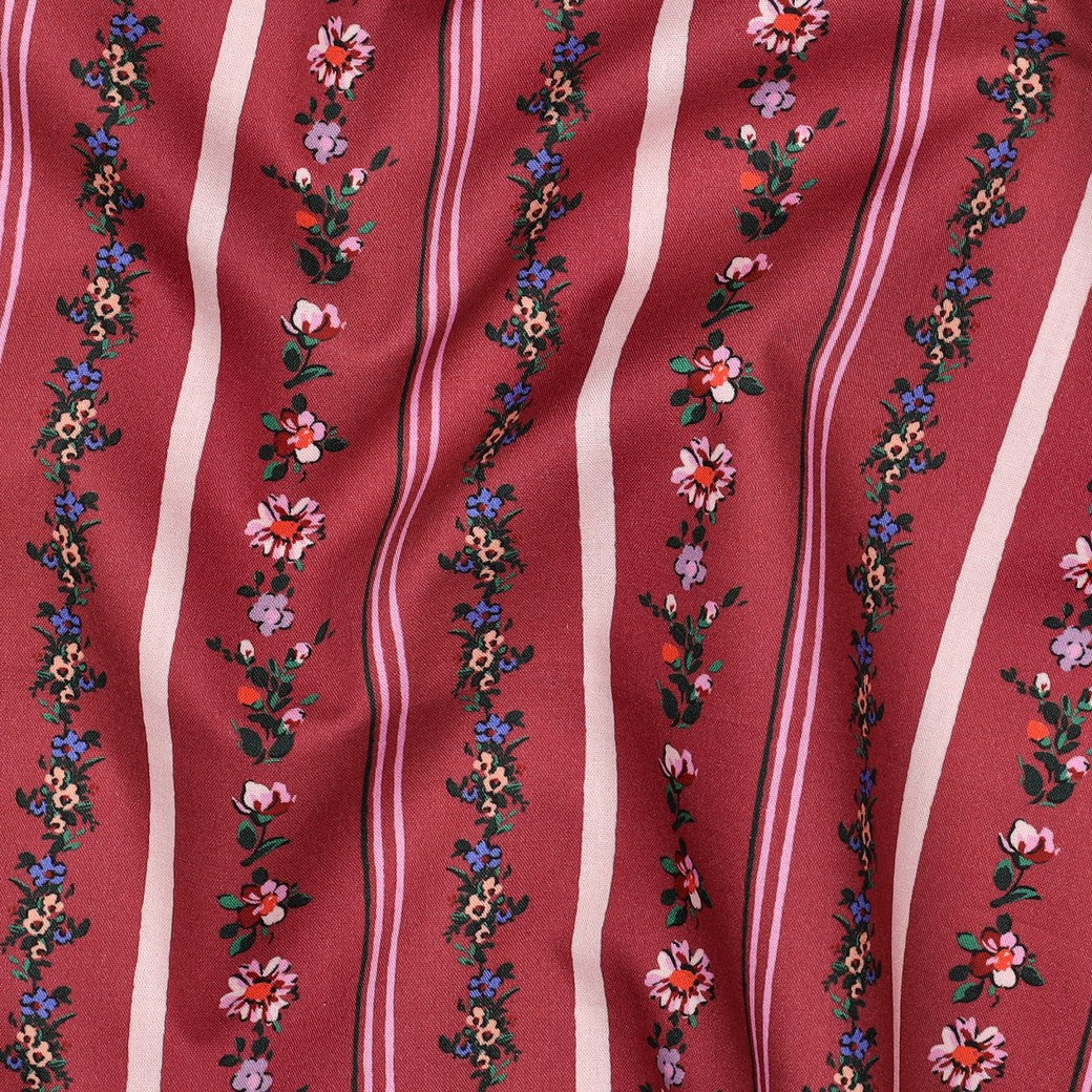 Fine poplin bloemen/strepen burgundy