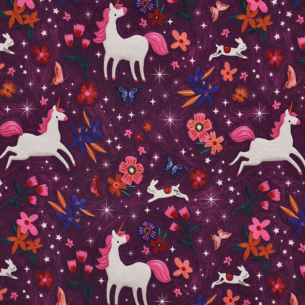 French terry digitaal unicorns donkerpaars