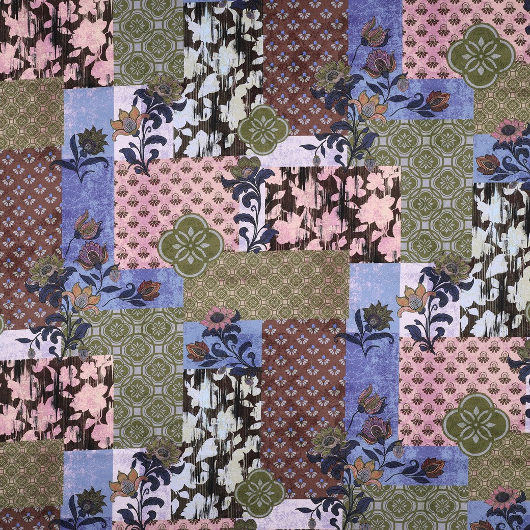 Katoen satijn digitaal patchwork blauw