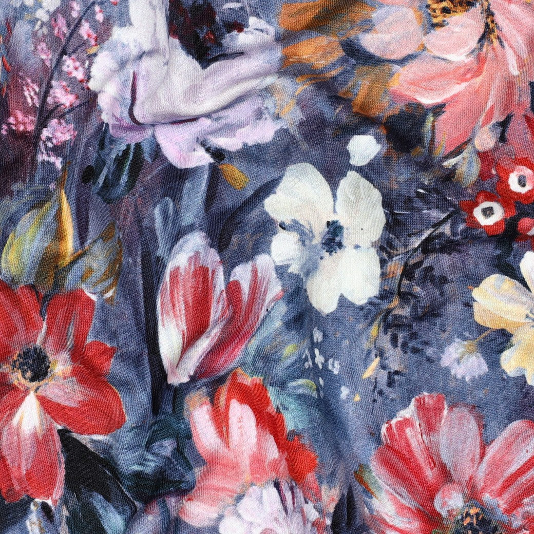 French terry digitaal bloemen blauw