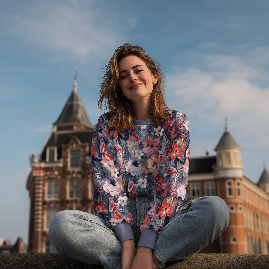 French terry digitaal bloemen bruin