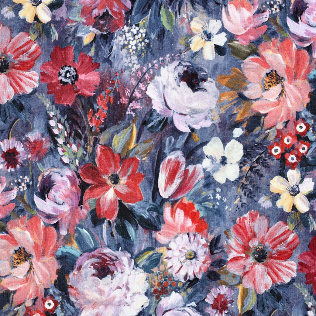 French terry digitaal bloemen blauw