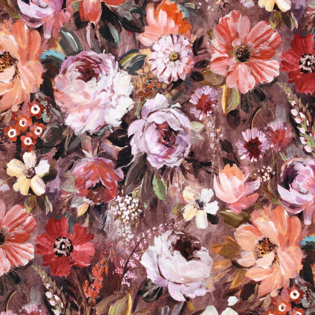 French terry digitaal bloemen bruin