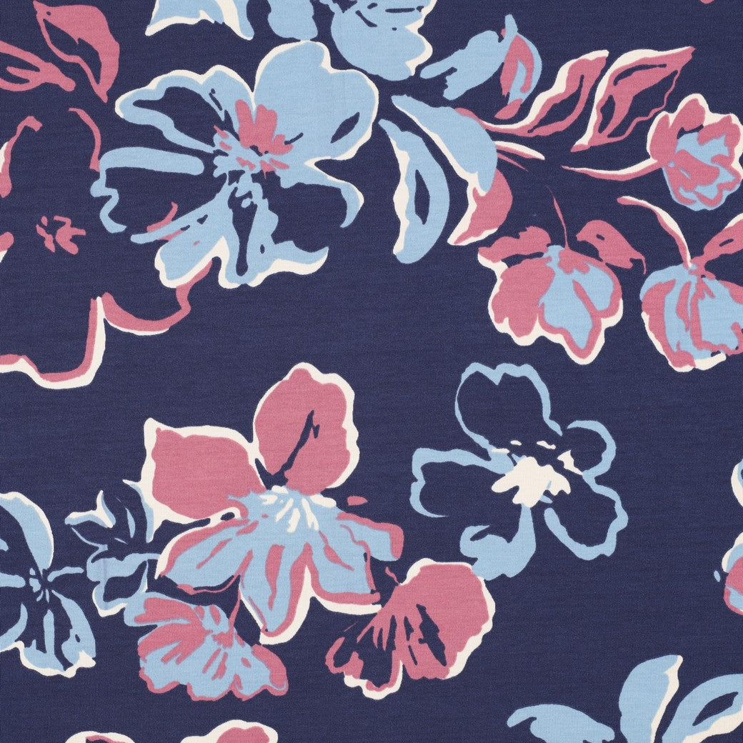Jersey bloemen donker jeansblauw