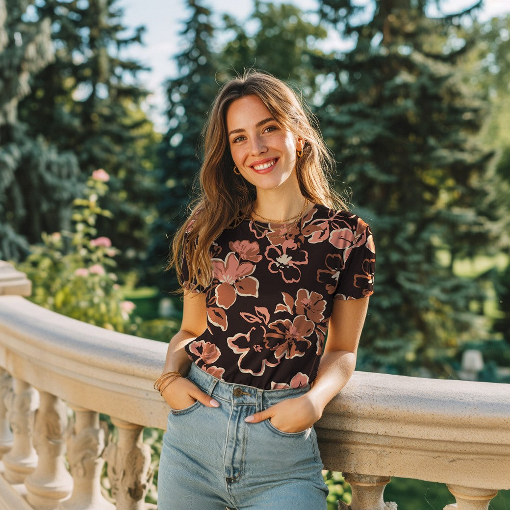 Jersey bloemen donker jeansblauw
