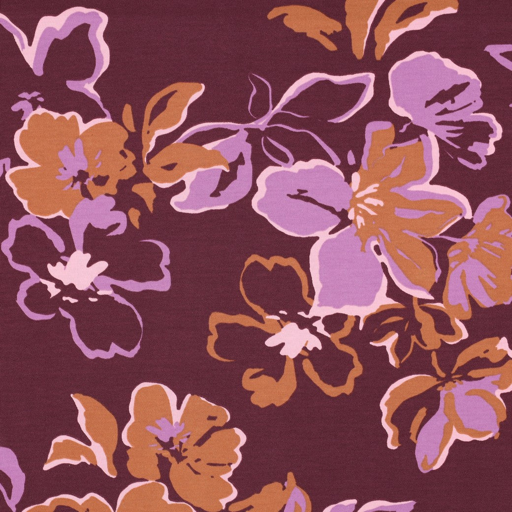Jersey bloemen donker mauve
