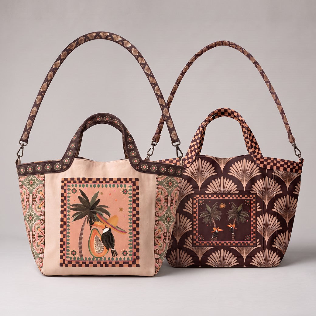Paneel canvas shopper tropisch bruin