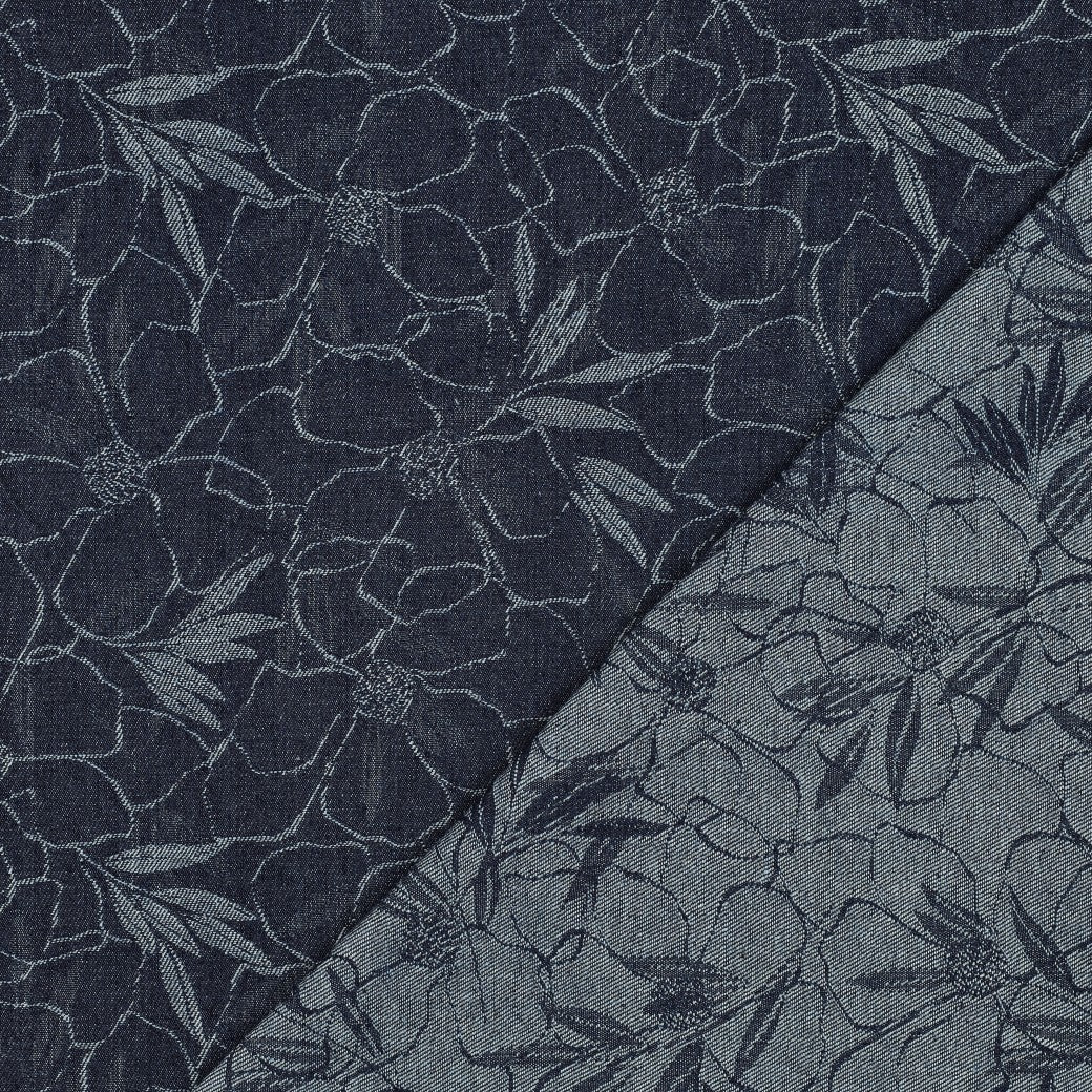 Denim jacquard bloemen donker jeansblauw