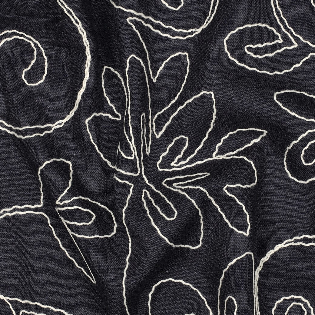 Linnen viscose geborduurde bloemen navy