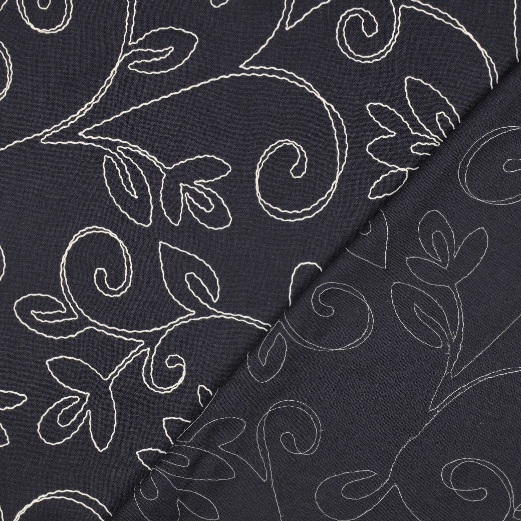 Linnen viscose geborduurde bloemen navy