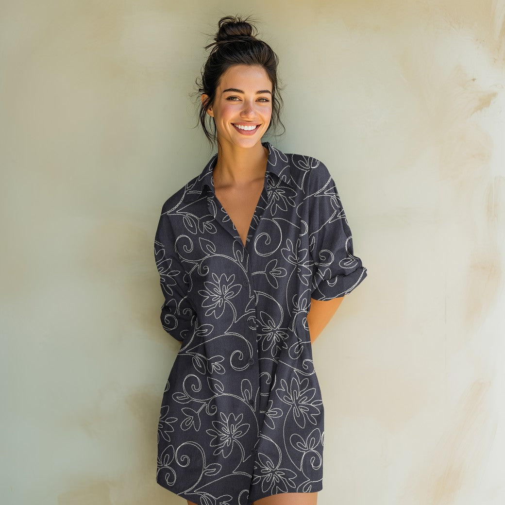 Linnen viscose geborduurde bloemen navy