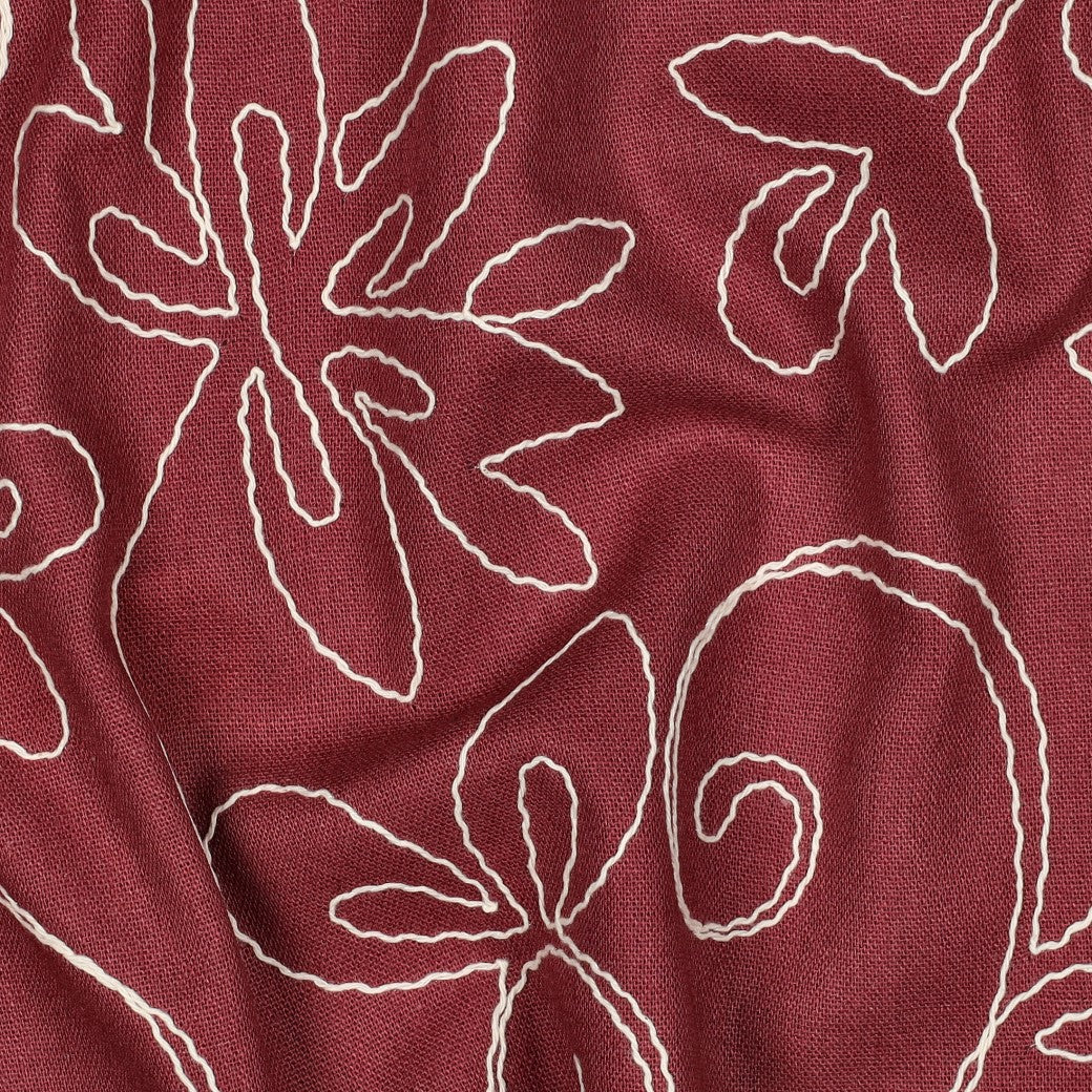 Linnen viscose geborduurde bloemen burgundy