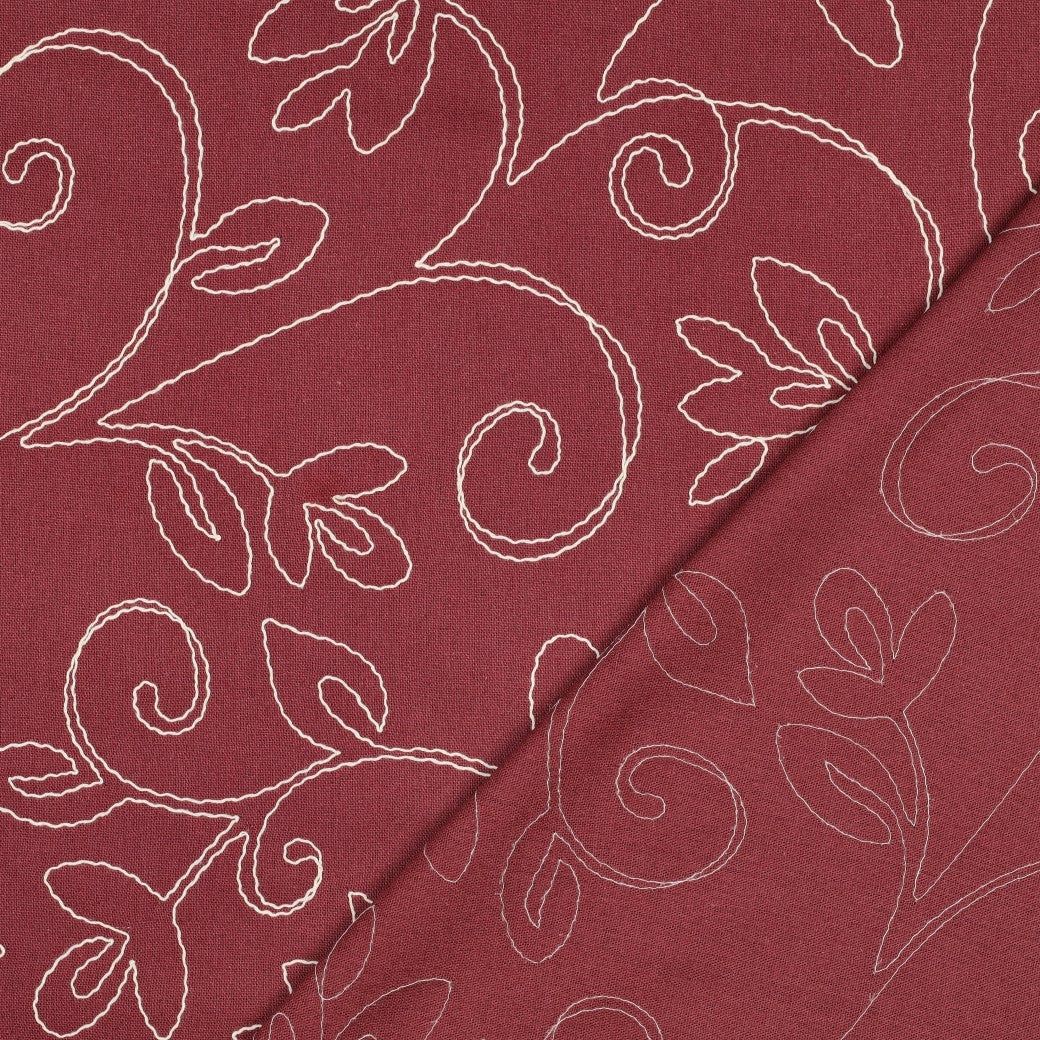 Linnen viscose geborduurde bloemen burgundy