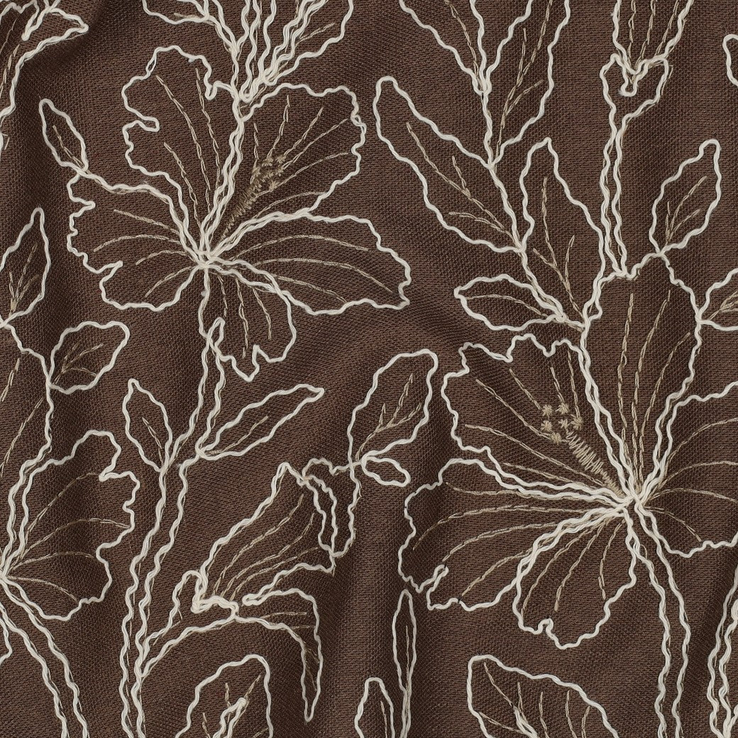 Linnen viscose geborduurde bloemen bruin (eenzijdige borduurrand)