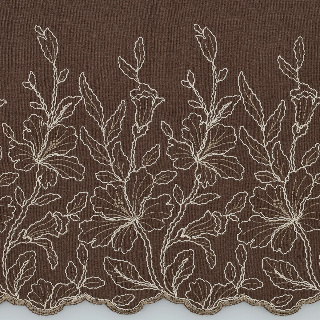 Linnen viscose geborduurde bloemen bruin (eenzijdige borduurrand)