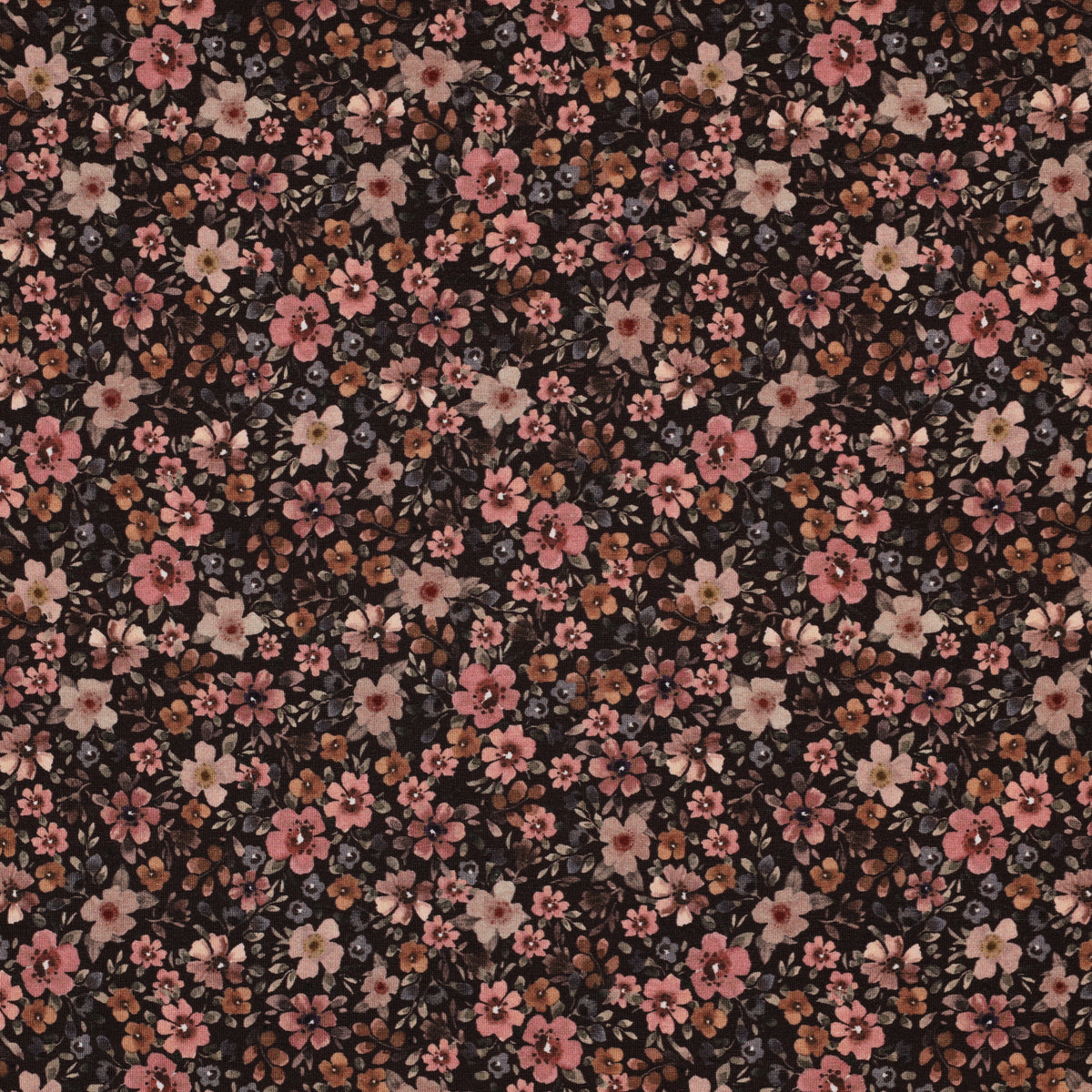 Jersey digitaal bloemen donkerbruin/perzik