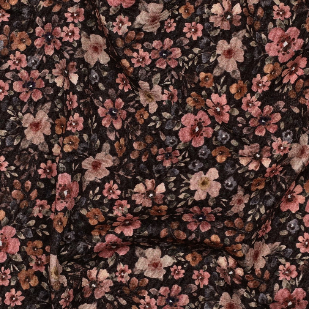 Jersey digitaal bloemen donkerbruin/perzik