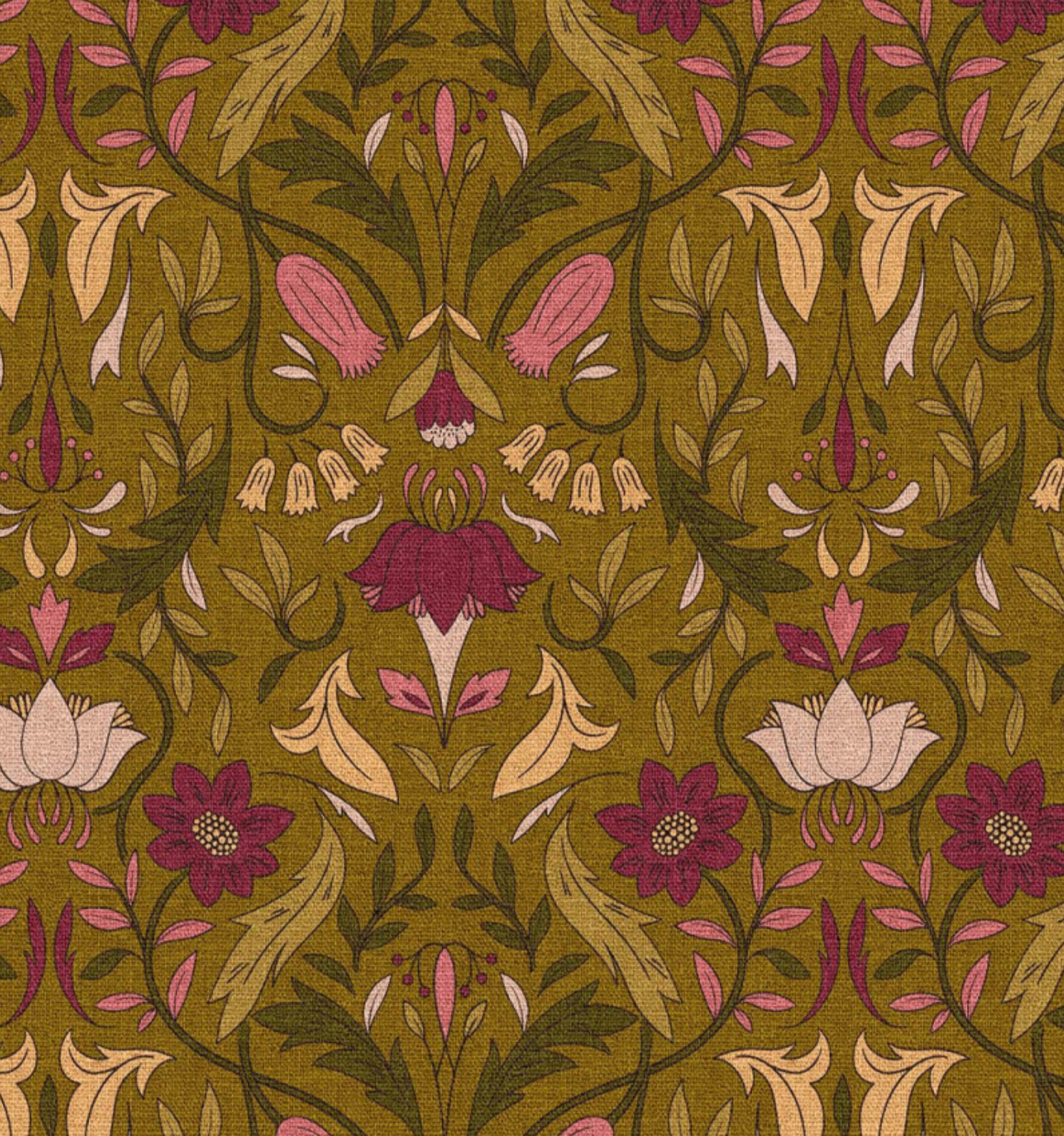 Half panama canvas bloemen mosgroen