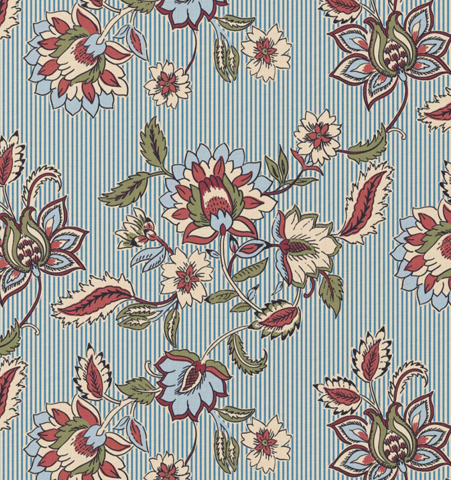 Katoen bloemen/strepen ecru/blauw