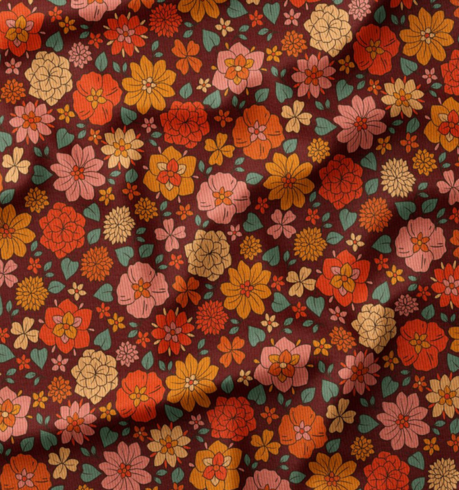 Babycord bloemen beatrice roestbruin/oranje
