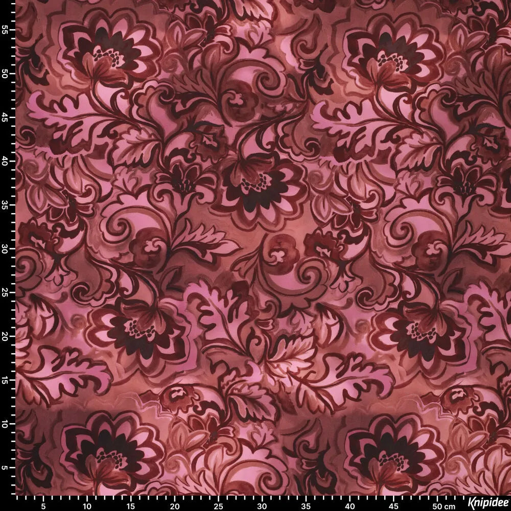 Viscose poplin stretch bloemen burgundy