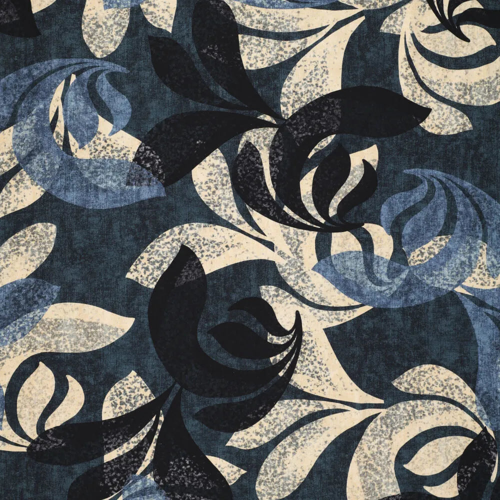 Viscose twill stretch grote bladeren blauw