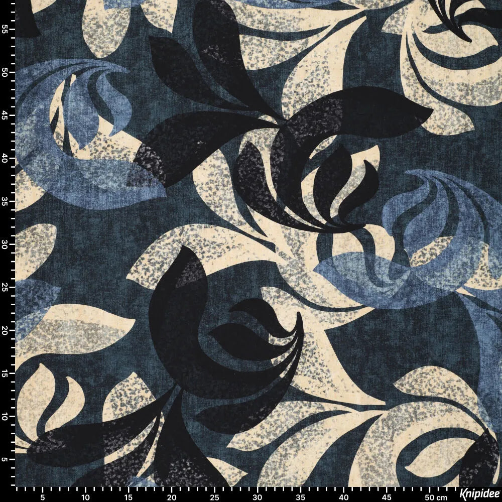 Viscose twill stretch grote bladeren blauw