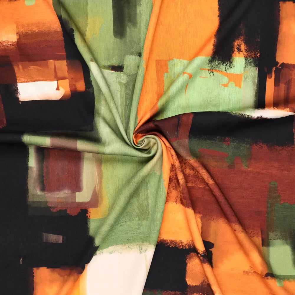 Viscose satijn stretch abstract groen/cognac