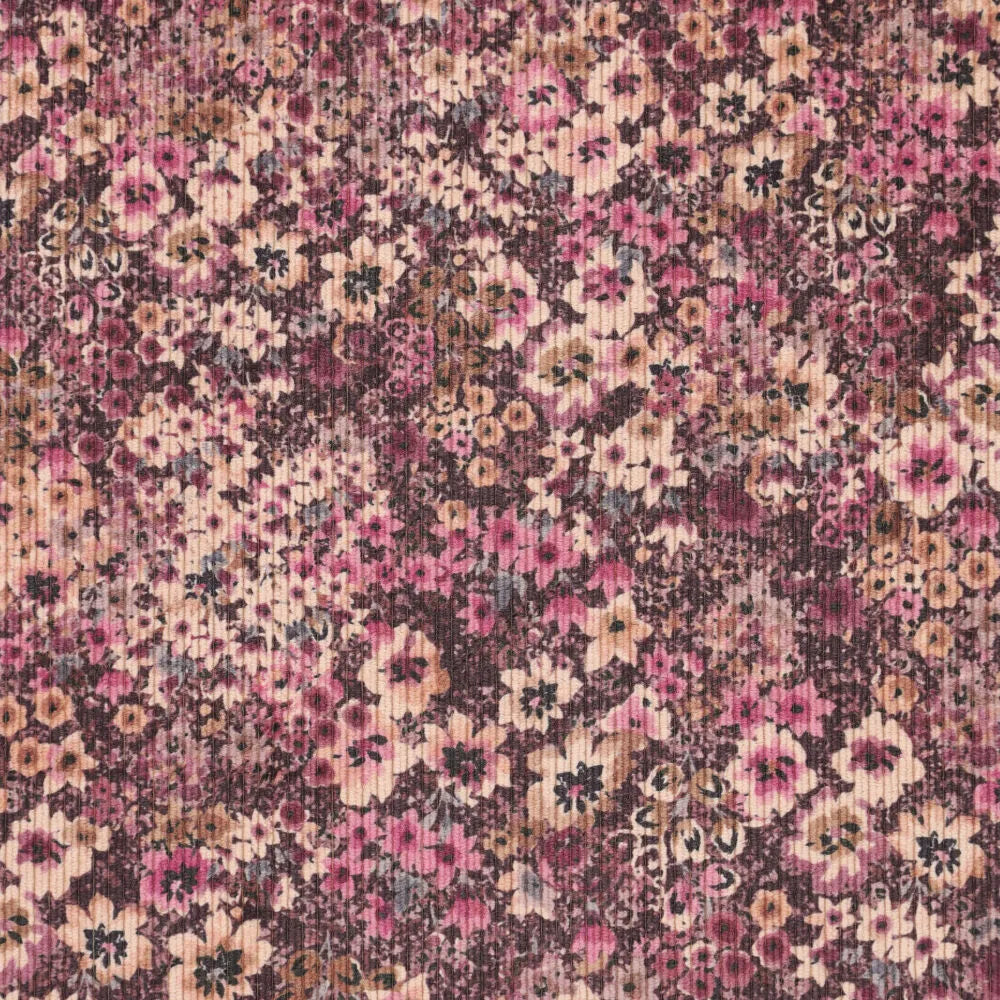 Babycord stretch digitaal kleine bloemen mauve