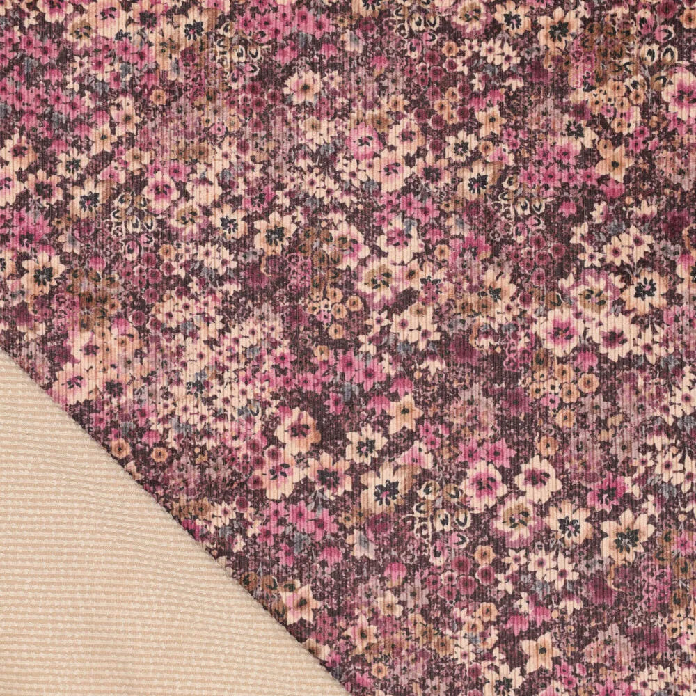 Babycord stretch digitaal kleine bloemen mauve