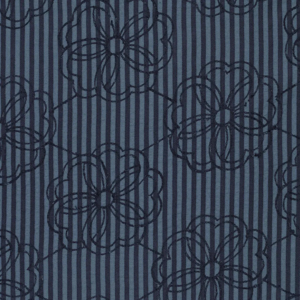 Seersucker strepen geborduurde bloemen jeansblauw