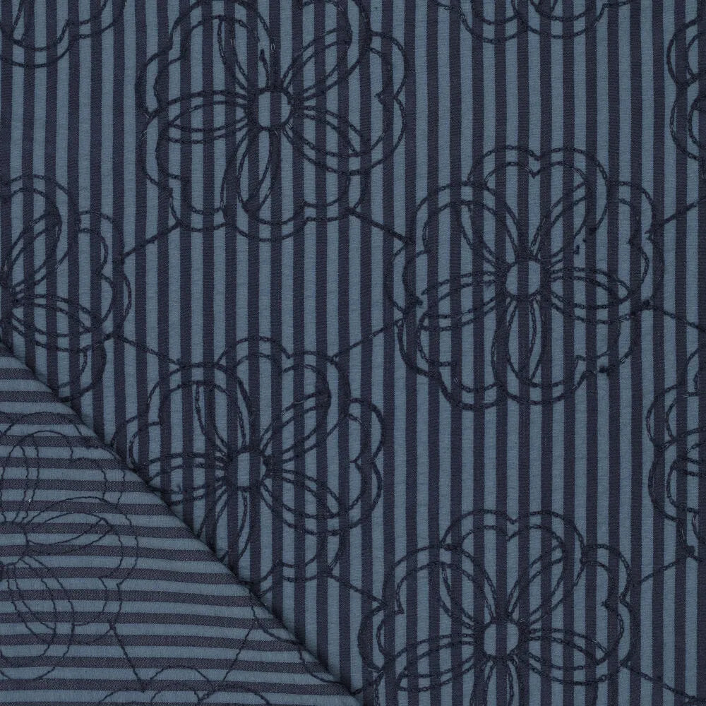 Seersucker strepen geborduurde bloemen jeansblauw