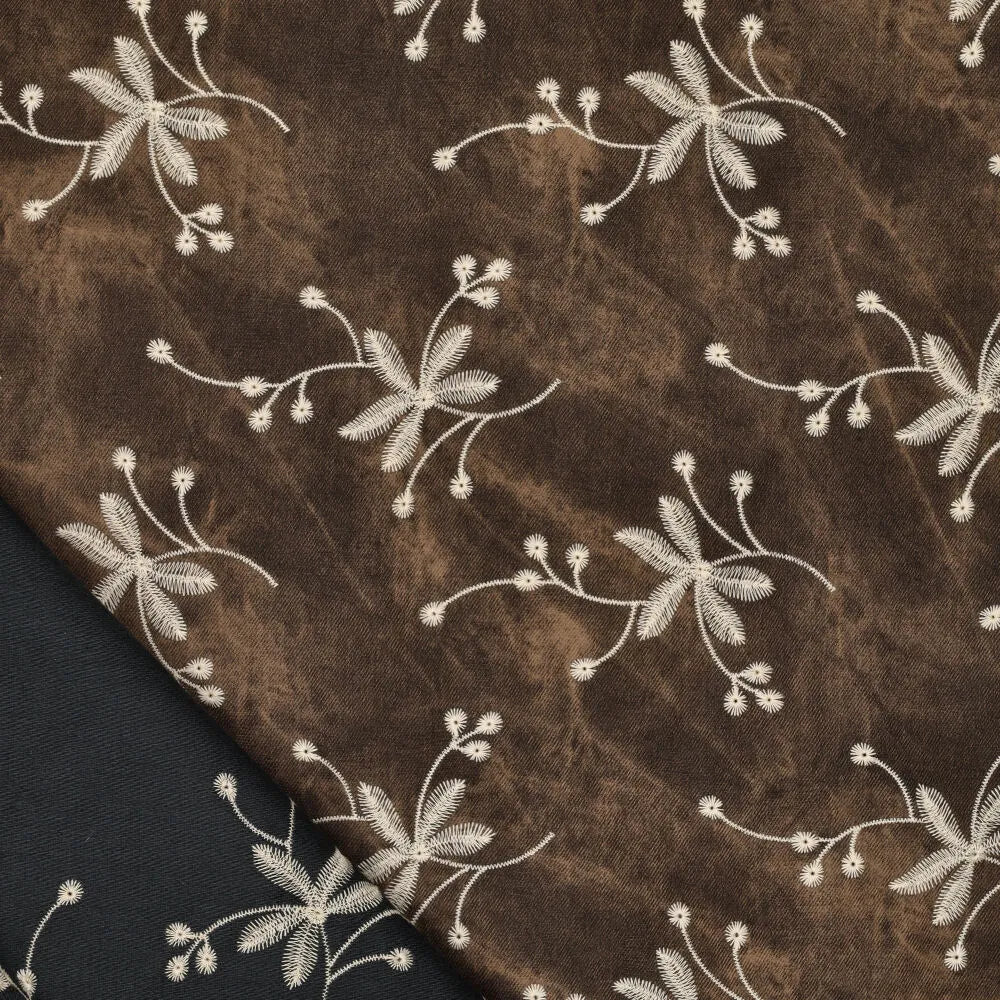 Waxed denim geborduurde bloemen bruin