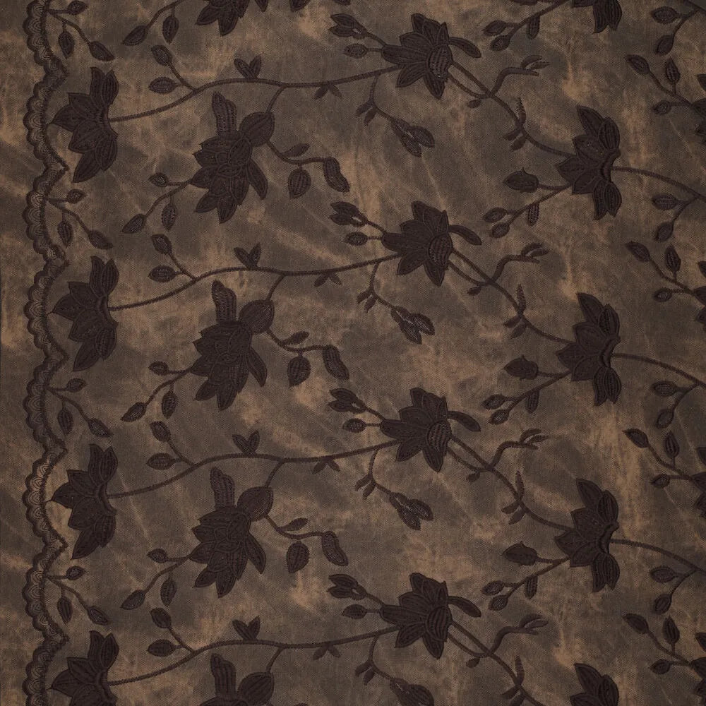 Waxed denim geborduurde bloemen + rand donkerbruin