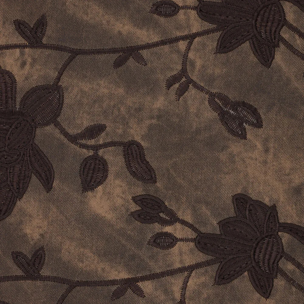 Waxed denim geborduurde bloemen + rand donkerbruin