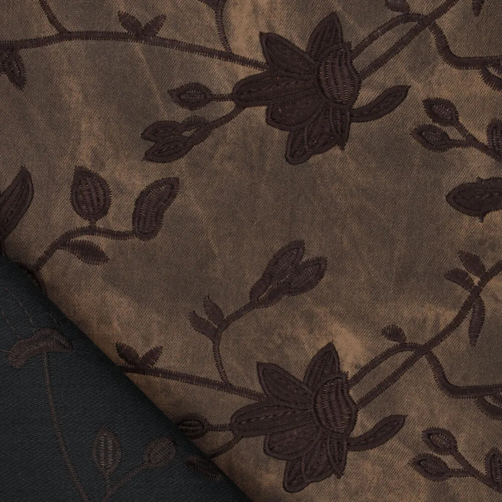 Waxed denim geborduurde bloemen + rand donkerbruin