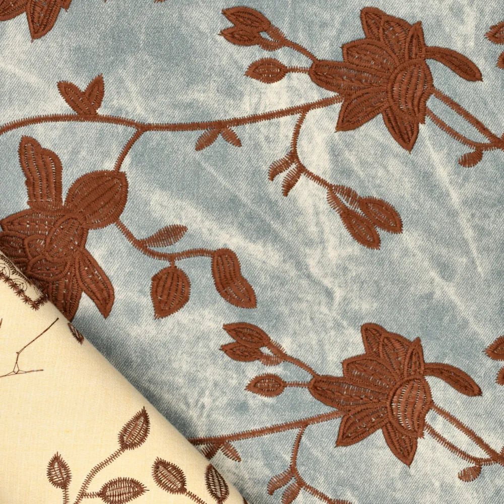 Waxed denim geborduurde bloemen + rand vergrijsd blauw