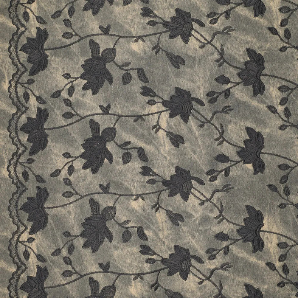 Waxed denim geborduurde bloemen + rand grijs