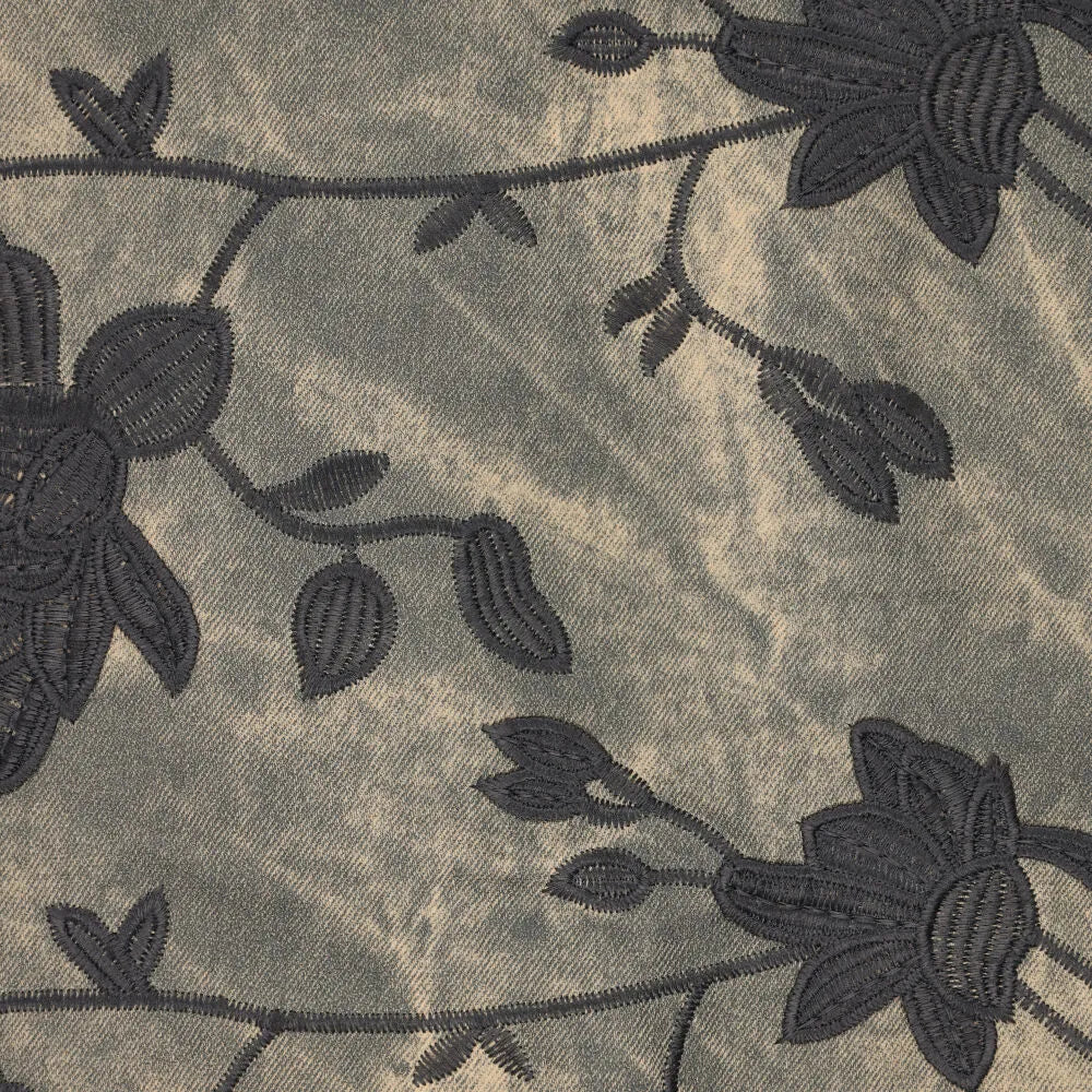 Waxed denim geborduurde bloemen + rand grijs