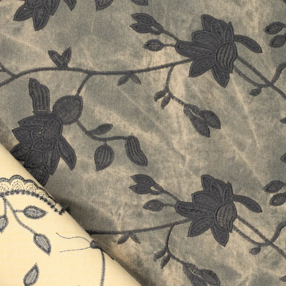 Waxed denim geborduurde bloemen + rand grijs