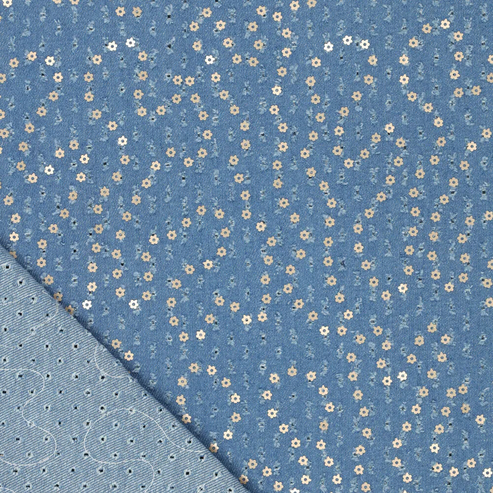 Denim bloemen pailletten jeansblauw