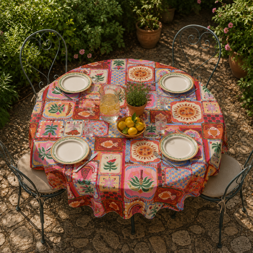 Tafelzeil patchwork roze/blauw