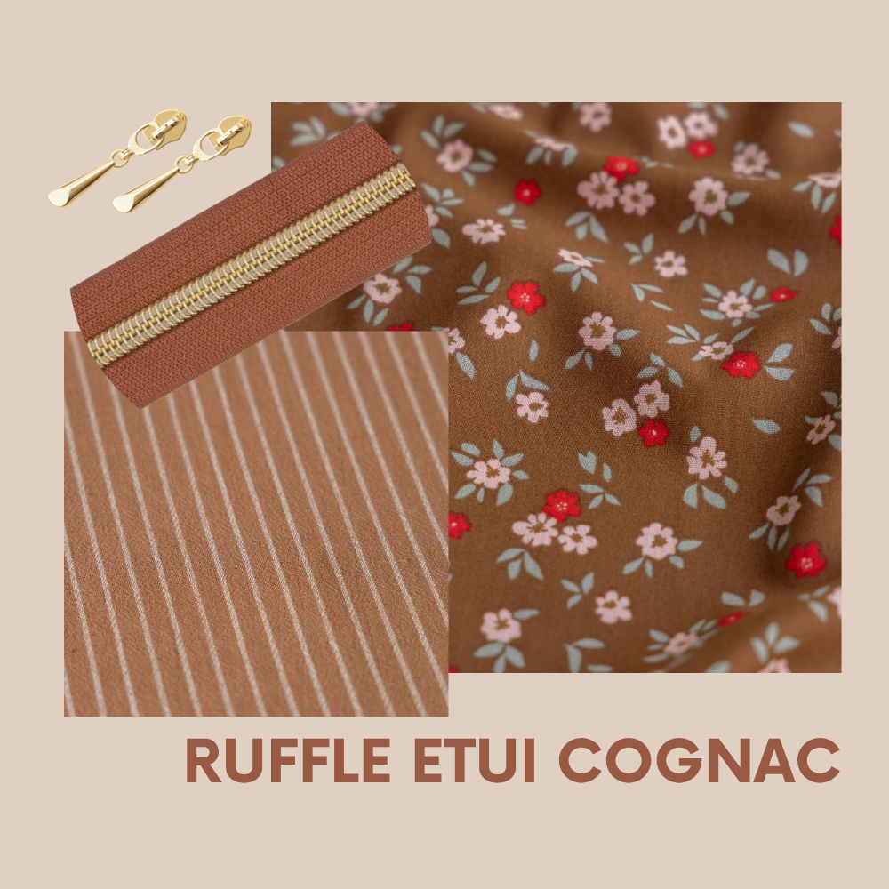 Pakket ruffle etui - bloemen/strepen cognac