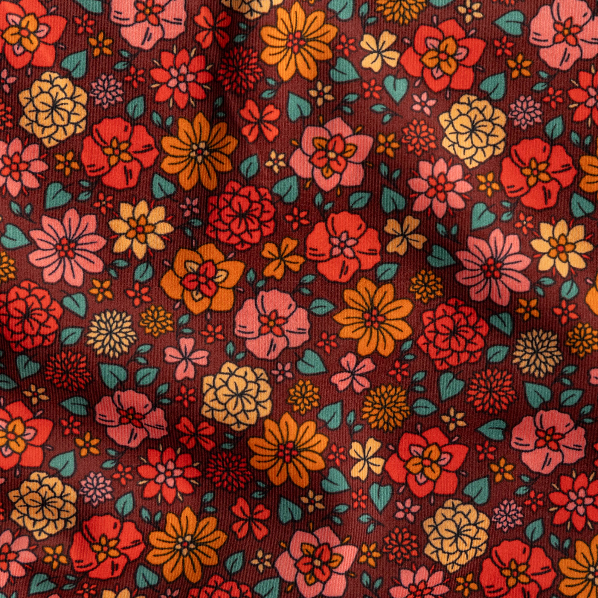 Babycord bloemen beatrice roestbruin/oranje